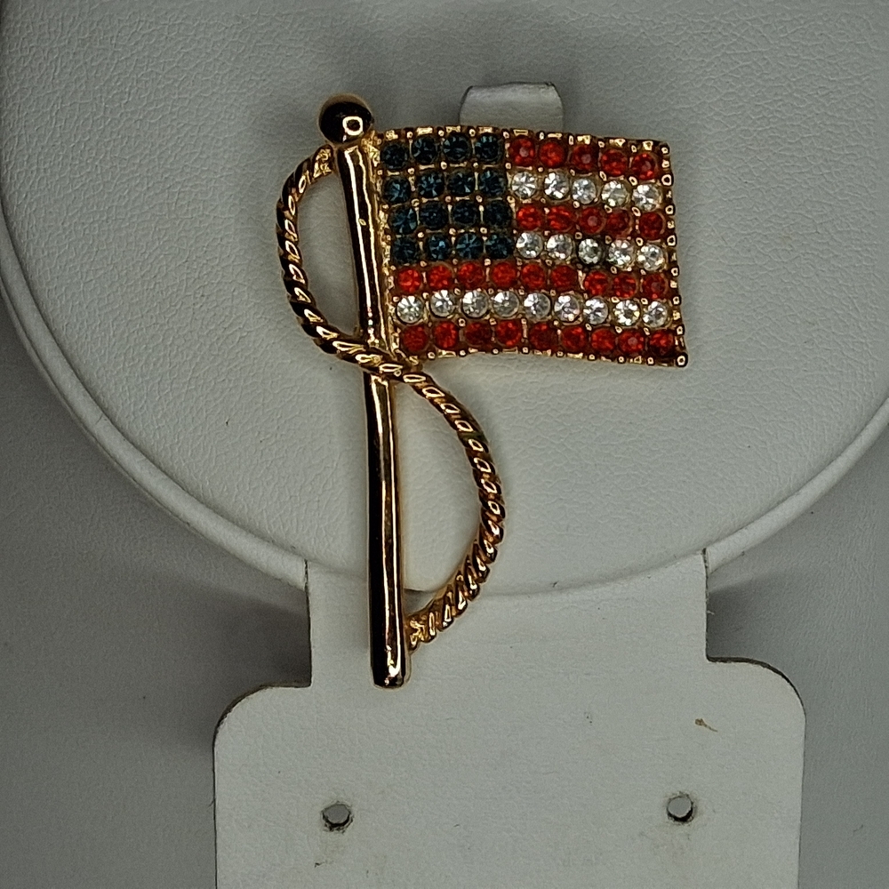 American Flag Crystal Red White Blue Patriotic Brooch Gold Tone Independence Day